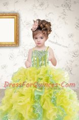 Glamorous Spaghetti Straps Sleeveless Kids Pageant Dress Floor Length Beading and Ruffles and Sequins Multi-color Organza