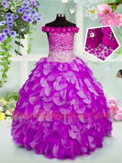 Low Price Off the Shoulder Lavender Sleeveless Beading and Hand Made Flower Floor Length Kids Pageant Dress