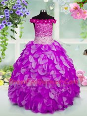 Low Price Off the Shoulder Lavender Sleeveless Beading and Hand Made Flower Floor Length Kids Pageant Dress