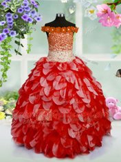 New Style Off the Shoulder Organza Sleeveless High Low Flower Girl Dresses for Less and Beading and Hand Made Flower