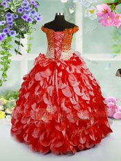 New Style Off the Shoulder Organza Sleeveless High Low Flower Girl Dresses for Less and Beading and Hand Made Flower