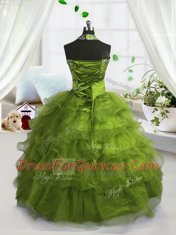 Fashion Scoop Olive Green Ball Gowns Beading and Ruffled Layers Kids Pageant Dress Lace Up Organza Sleeveless Floor Length