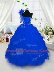 Beautiful One Shoulder Sleeveless Lace Up Floor Length Embroidery and Ruffles Flower Girl Dress