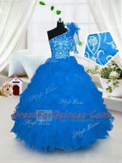 Glittering One Shoulder Aqua Blue Lace Up Girls Pageant Dresses Embroidery and Ruffles Sleeveless Floor Length