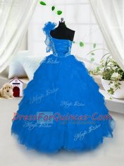 Glittering One Shoulder Aqua Blue Lace Up Girls Pageant Dresses Embroidery and Ruffles Sleeveless Floor Length