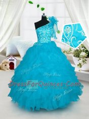 Sweet Turquoise Ball Gowns Organza One Shoulder Sleeveless Embroidery and Ruffles Floor Length Lace Up Kids Formal Wear