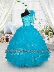 Sweet Turquoise Ball Gowns Organza One Shoulder Sleeveless Embroidery and Ruffles Floor Length Lace Up Kids Formal Wear