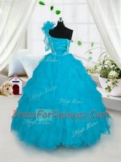 Sweet Turquoise Ball Gowns Organza One Shoulder Sleeveless Embroidery and Ruffles Floor Length Lace Up Kids Formal Wear