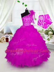 Romantic One Shoulder Appliques and Ruffles Little Girl Pageant Dress Hot Pink Lace Up Short Sleeves Floor Length