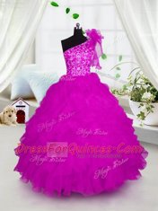 Romantic One Shoulder Appliques and Ruffles Little Girl Pageant Dress Hot Pink Lace Up Short Sleeves Floor Length