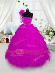 Romantic One Shoulder Appliques and Ruffles Little Girl Pageant Dress Hot Pink Lace Up Short Sleeves Floor Length