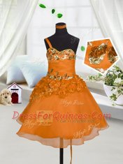 Flare Organza Sweetheart Sleeveless Lace Up Beading and Hand Made Flower Little Girls Pageant Dress in Orange Red