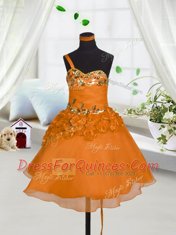 Flare Organza Sweetheart Sleeveless Lace Up Beading and Hand Made Flower Little Girls Pageant Dress in Orange Red
