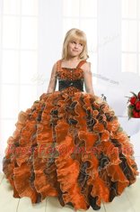 Fabulous Ball Gowns Kids Formal Wear Orange Straps Organza Sleeveless Floor Length Lace Up