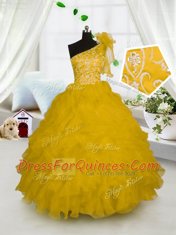 One Shoulder Sleeveless Side Zipper Floor Length Embroidery and Ruffles Child Pageant Dress