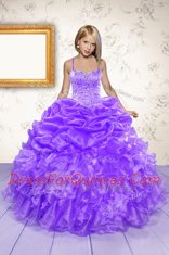 Discount Sleeveless Floor Length Beading and Ruffles and Pick Ups Lace Up Kids Pageant Dress with Eggplant Purple