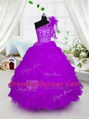 Ball Gowns Little Girl Pageant Gowns Fuchsia One Shoulder Organza Short Sleeves Floor Length Lace Up