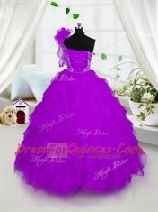 Ball Gowns Little Girl Pageant Gowns Fuchsia One Shoulder Organza Short Sleeves Floor Length Lace Up