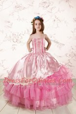 Luxury Rose Pink Spaghetti Straps Lace Up Embroidery and Ruffled Layers Kids Formal Wear Sleeveless