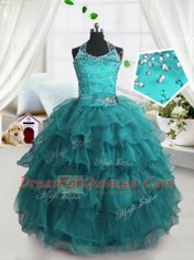 Custom Design Organza Sleeveless Floor Length Little Girls Pageant Gowns and Beading and Ruffled Layers