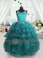 Custom Design Organza Sleeveless Floor Length Little Girls Pageant Gowns and Beading and Ruffled Layers