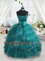 Custom Design Organza Sleeveless Floor Length Little Girls Pageant Gowns and Beading and Ruffled Layers