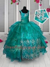 Turquoise Sleeveless Appliques and Ruffled Layers Floor Length Little Girl Pageant Dress