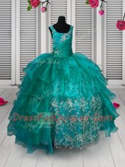 Turquoise Sleeveless Appliques and Ruffled Layers Floor Length Little Girl Pageant Dress