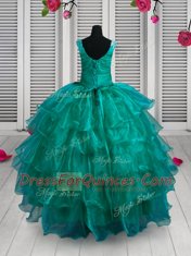 Turquoise Sleeveless Appliques and Ruffled Layers Floor Length Little Girl Pageant Dress