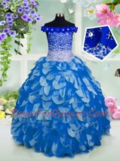 Off the Shoulder Sequins Blue Short Sleeves Organza Lace Up Girls Pageant Dresses for Party and Wedding Party