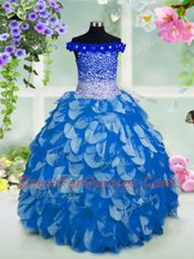Off the Shoulder Sequins Blue Short Sleeves Organza Lace Up Girls Pageant Dresses for Party and Wedding Party