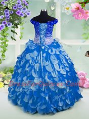 Off the Shoulder Sequins Blue Short Sleeves Organza Lace Up Girls Pageant Dresses for Party and Wedding Party