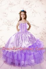 Sophisticated Lavender Ball Gowns Embroidery and Ruffled Layers Little Girls Pageant Gowns Lace Up Organza Sleeveless Floor Length