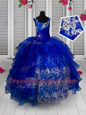 Blue Organza Lace Up Straps Sleeveless Floor Length Child Pageant Dress Appliques