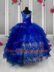 Blue Organza Lace Up Straps Sleeveless Floor Length Child Pageant Dress Appliques
