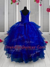 Blue Organza Lace Up Straps Sleeveless Floor Length Child Pageant Dress Appliques