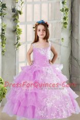 Lavender Ball Gowns Organza Square Sleeveless Lace and Ruffled Layers Floor Length Lace Up Kids Pageant Dress