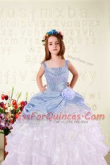 Organza Sleeveless Floor Length Kids Pageant Dress and Beading and Ruffled Layers and Hand Made Flower