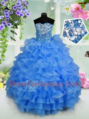 Inexpensive Sequins Ruffled Ball Gowns Little Girls Pageant Dress Wholesale Light Blue Sweetheart Organza Sleeveless Floor Length Lace Up