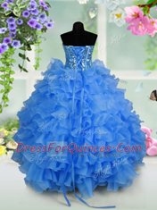 Inexpensive Sequins Ruffled Ball Gowns Little Girls Pageant Dress Wholesale Light Blue Sweetheart Organza Sleeveless Floor Length Lace Up
