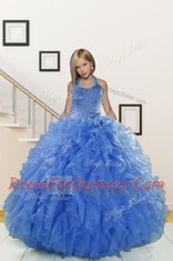 Exceptional Halter Top Beading and Ruffles Little Girls Pageant Dress Blue Lace Up Sleeveless Floor Length