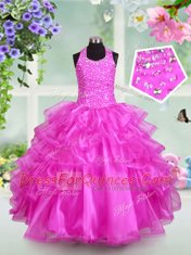 Charming Halter Top Fuchsia Sleeveless Floor Length Beading and Ruffled Layers Lace Up Flower Girl Dress