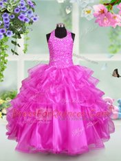 Charming Halter Top Fuchsia Sleeveless Floor Length Beading and Ruffled Layers Lace Up Flower Girl Dress