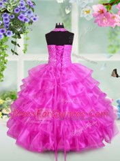 Charming Halter Top Fuchsia Sleeveless Floor Length Beading and Ruffled Layers Lace Up Flower Girl Dress