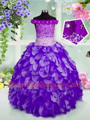 Customized Off the Shoulder Navy Blue Organza Lace Up Pageant Gowns For Girls Sleeveless Floor Length Beading and Hand Made Flower