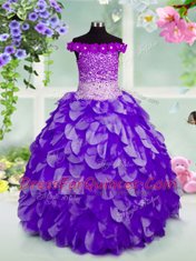 Customized Off the Shoulder Navy Blue Organza Lace Up Pageant Gowns For Girls Sleeveless Floor Length Beading and Hand Made Flower