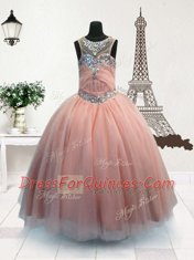 Cute Scoop Pink Organza Zipper Kids Pageant Dress Sleeveless Floor Length Beading