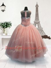 Cute Scoop Pink Organza Zipper Kids Pageant Dress Sleeveless Floor Length Beading