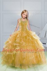 Superior Halter Top Orange Organza Lace Up Little Girls Pageant Gowns Sleeveless Floor Length Beading and Ruffles