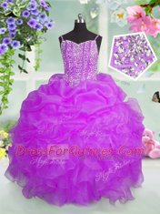 Fuchsia Spaghetti Straps Lace Up Beading and Ruffles and Pick Ups Little Girls Pageant Dress Sleeveless